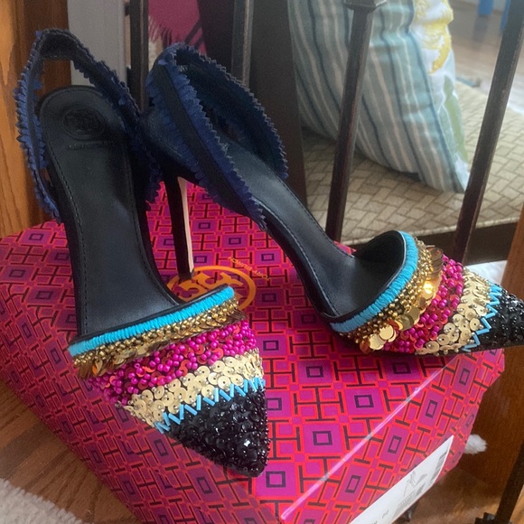 Tory Burch Isle 105mm slingback suede/grosgrain Size 9 - Picture 1 of 10
